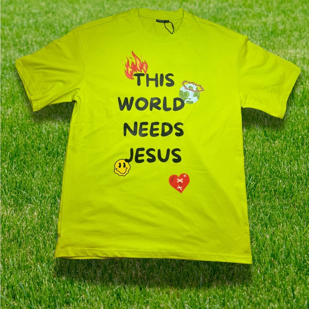 This World Needs Jesus T Shirt - Short Sleeve Size L Free Gift 🎁 Lime Green